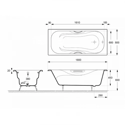 Чугунная ванна Delice Malibu 180x80 DLR230610R с отверстиями под ручки без антискользящего покрытия