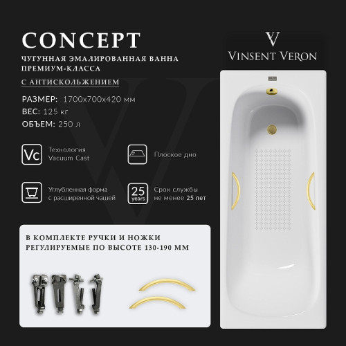 Чугунная ванна Vinsent Veron Concept 170x70 VCO1707042H/VH0015MGD-AS цвет Белый с дугообразными ручками матовое золото и антискользящим покрытием