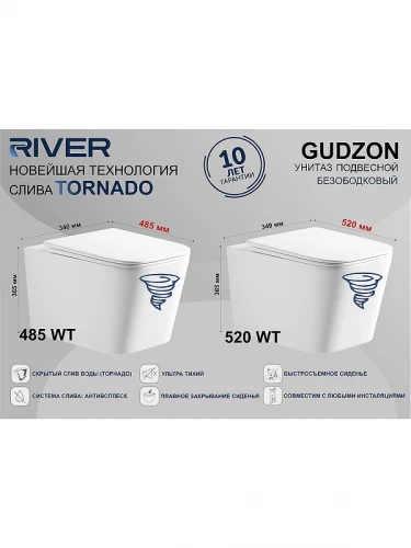 Унитаз River GUDZON 520 WT 10000014212 подвесной цвет Белый с сиденьем микролифт