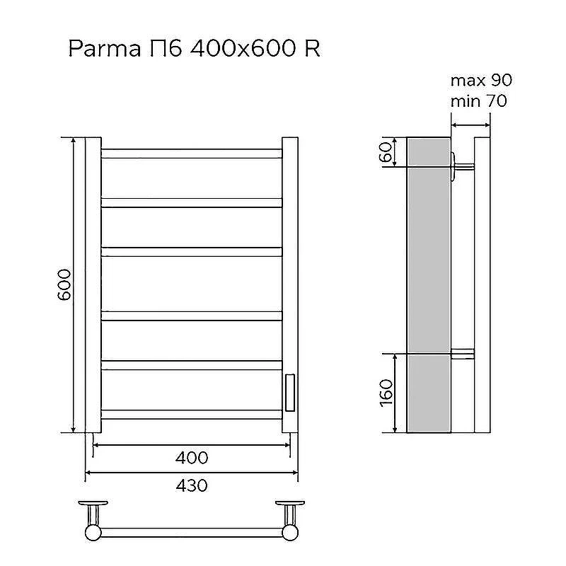 Электрический полотенцесушитель Azario Parma 400x600 П6 AZ10846B диммер справа Черный
