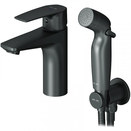 Смеситель для раковины AM.PM Gem F90A03022 с гигиеническим душем Черный матовый латунь