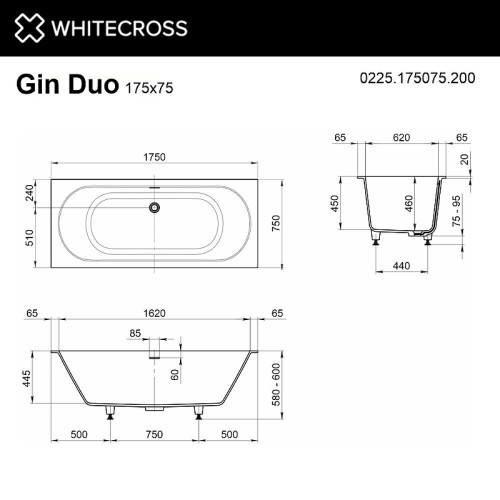 Ванна из искусственного камня Whitecross Gin Duo 175x75 0225.175075.200 цвет Белый матовый