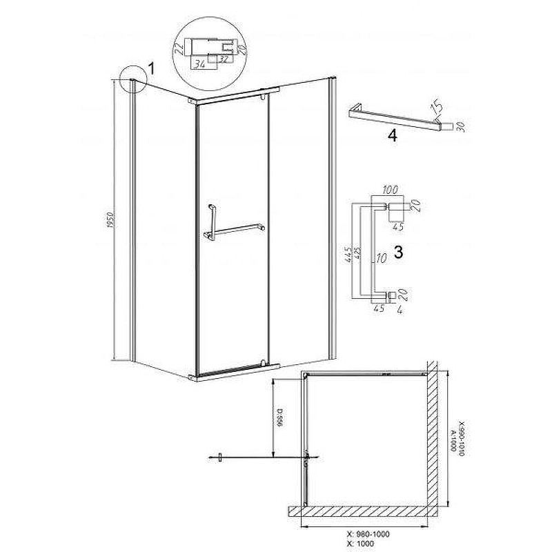 Душевой уголок Grossman Pragma 100x100 L 120.K33.03.1010.21.02 профиль Черный матовый стекло шиншилла