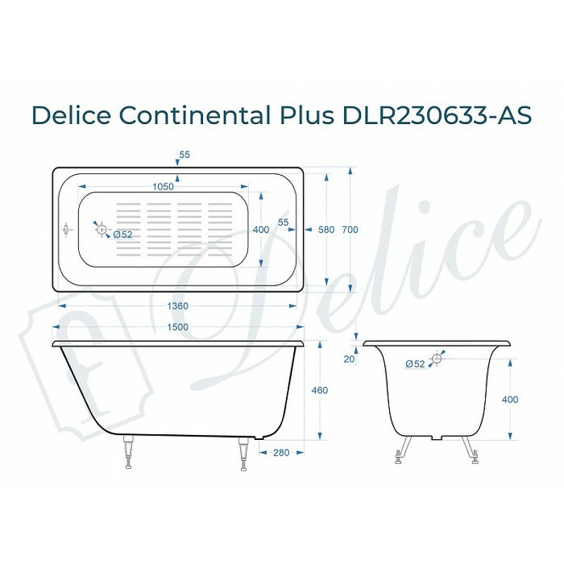 Чугунная ванна Delice Continental Plus 150x70 DLR230633-AS без отверстий под ручки с антискользящим покрытием