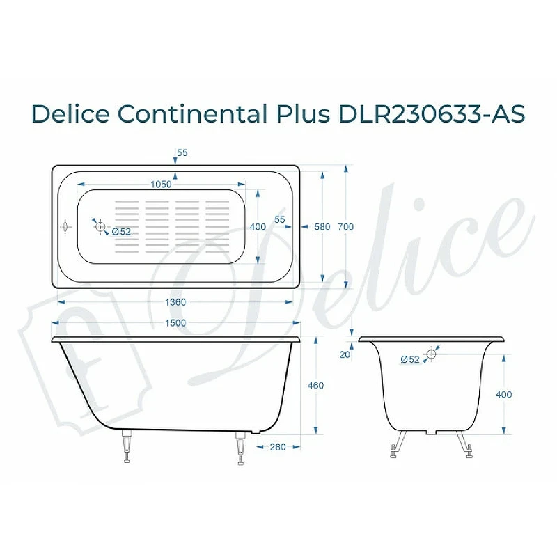 Чугунная ванна Delice Continental Plus 150x70 DLR230633-AS без отверстий под ручки с антискользящим покрытием