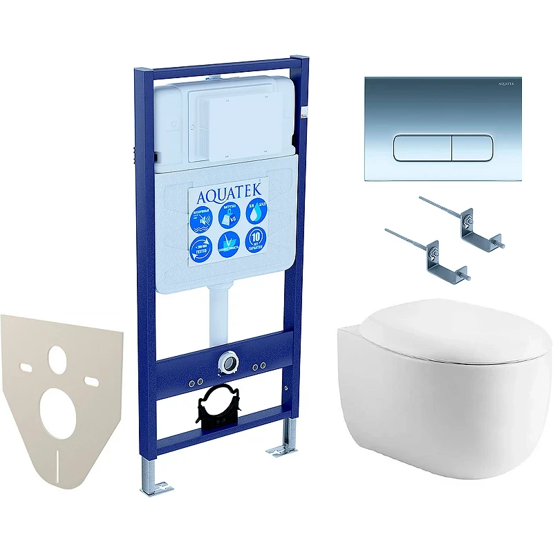 Комплект унитаза с инсталляцией Aquatek Set Aquatek Альтаир cm-016 4в1 с сиденьем Микролифт и клавишей смыва Хром глянцевый фарфор подвесной