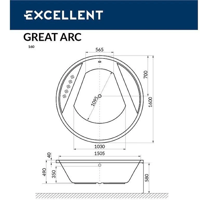 Акриловая ванна Excellent Great Arc 160x160 WAEX.GRE16.LINE.WH цвет Белый с гидромассажем форсунки Белые