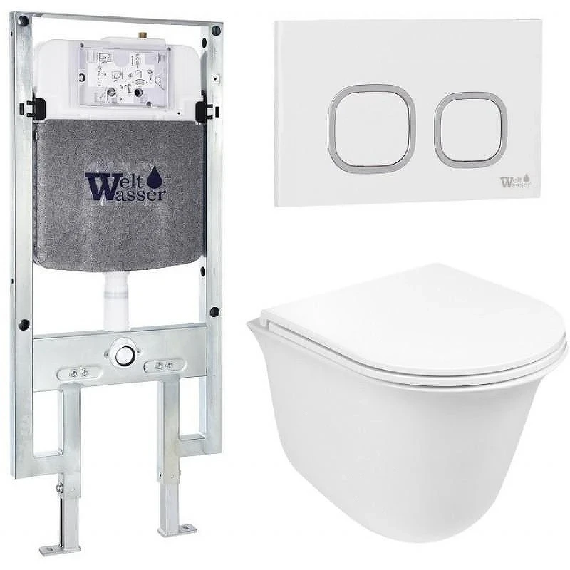 Комплект унитаза с инсталляцией WeltWasser AMBERG 497 ST + TELBACH 004 GL-WT + AMBERG RD-WT 10000006766 цвет Белый глянцевый с сиденьем Микролифт и клавишей смыва цвет Белый
