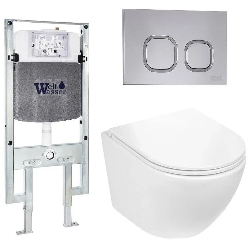 Комплект унитаза с инсталляцией WeltWasser AMBERG 497 ST + MERZBACH 043 GL-WT + AMBERG RD-CR 10000011293 цвет Белый глянцевый с сиденьем Микролифт и клавишей смыва цвет Хром