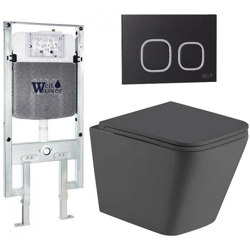 Комплект унитаза с инсталляцией WeltWasser AMBERG 497 ST + GELBACH 043 MT-GR + AMBERG RD-BL 10000012020 цвет Серый матовый с сиденьем Микролифт и клавишей смыва цвет Черный