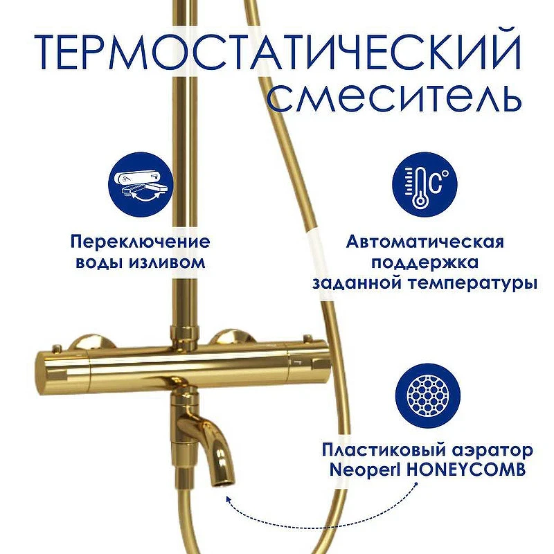 Душевая система WasserKRAFT A188.256.207.PG Thermo с термостатом Золото глянцевое латунь на стену