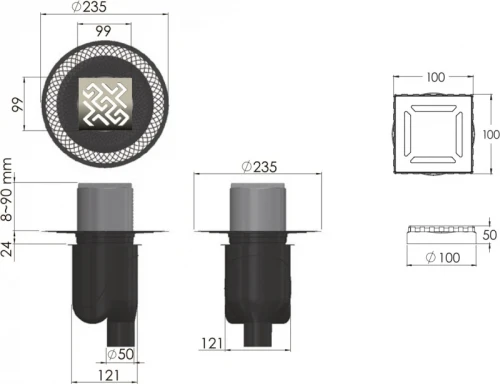 Душевой трап Berges Platz Antik 100x100 091060 с решеткой Хром