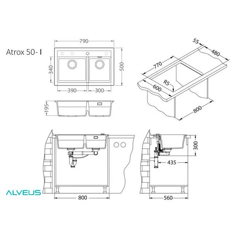 Кухонная мойка Alveus Granital Atrox 50 Carbon G91 790x500 1132002 Угольная искусственный камень (литьевой мрамор) встраиваемая снизу, встраиваемая сверху