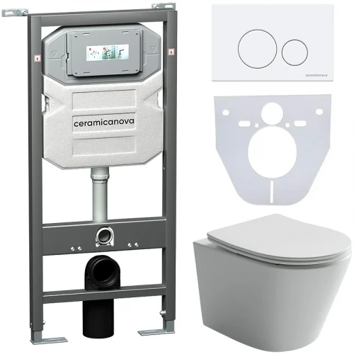 Комплект унитаза с инсталляцией Ceramicanova Balearica CN6000_1001W_1000 с сиденьем Микролифт и Белой клавишей смыва фарфор подвесной
