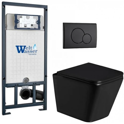 Комплект унитаза с инсталляцией WeltWasser MARBERG 507 + GELBACH 043 GL-BL + MAR 507 RD MT-BL 10000011960 цвет Черный глянцевый с сиденьем Микролифт и клавишей смыва цвет Черный матовый