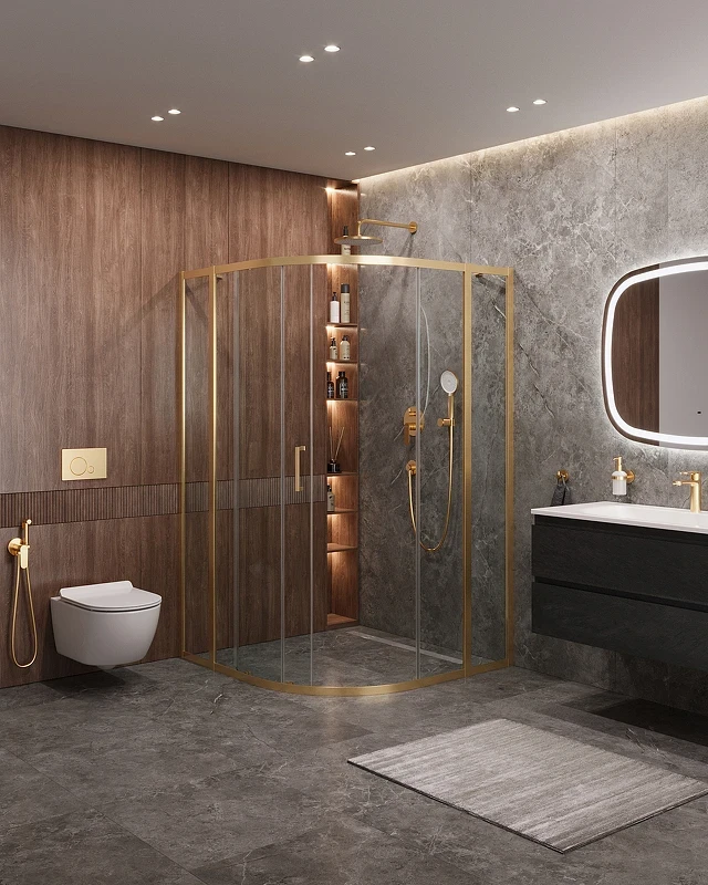 Душевой уголок Cezares Molveno 110x110 MOLVENO-R-11-90+20-C-BORO-IV профиль Брашированное золото стекло прозрачное