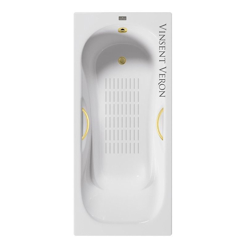 Чугунная ванна Vinsent Veron Aura 150x75 VAU1507542H/VH0015MGD-AS цвет Белый с дугообразными ручками матовое золото и антискользящим покрытием