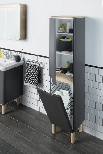Шкаф пенал Vitra Sento 40 L 60856 подвесной с бельевое корзиной Антрацит матовый МДФ / ЛДСП