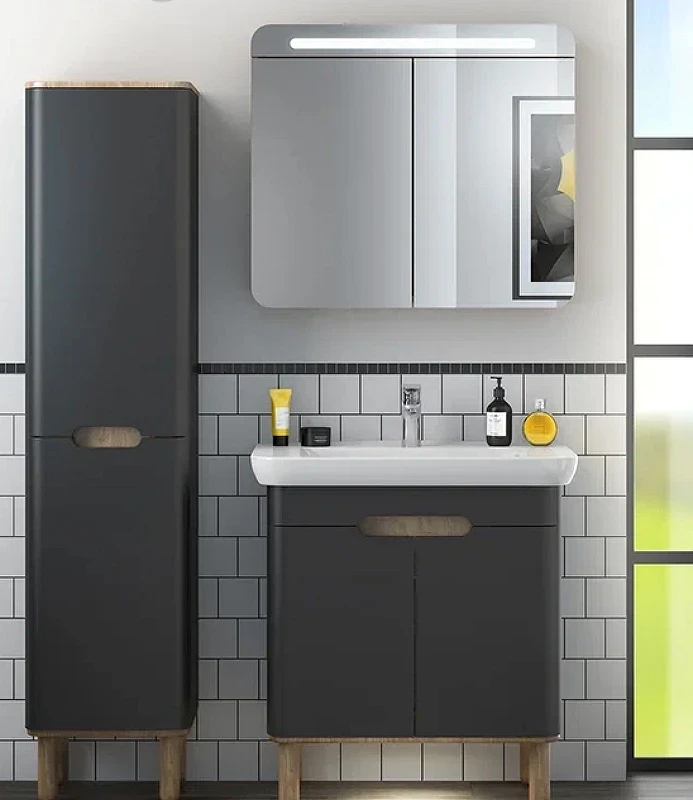 Шкаф пенал Vitra Sento 40 L 60856 подвесной с бельевое корзиной Антрацит матовый МДФ / ЛДСП