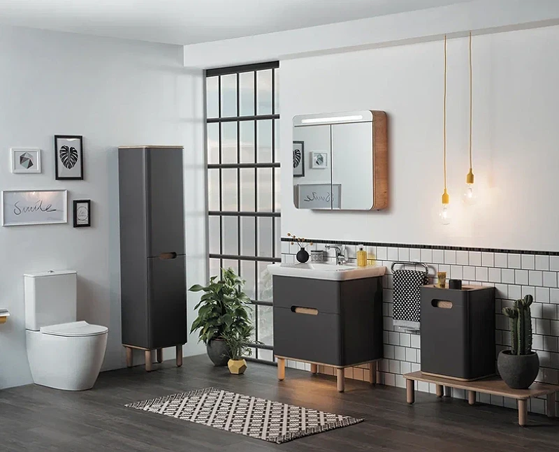Шкаф пенал Vitra Sento 40 L 60856 подвесной с бельевое корзиной Антрацит матовый МДФ / ЛДСП