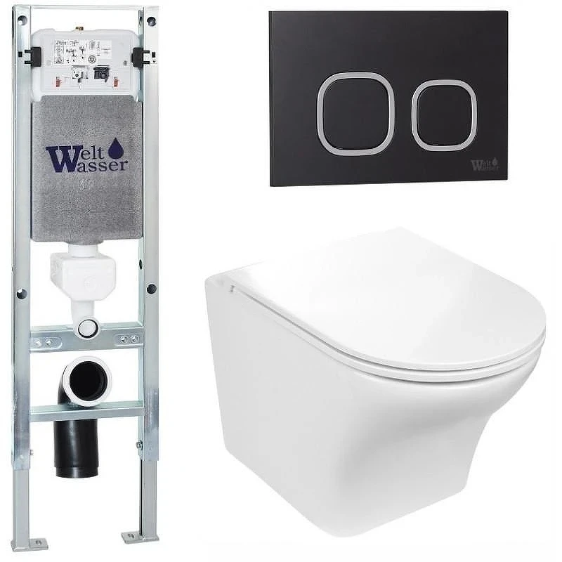 Комплект унитаза с инсталляцией WeltWasser AMBERG 350 ST + ODENBACH 004 GL-WT + AMBERG RD-BL 10000006563 цвет Белый глянцевый с сиденьем Микролифт и клавишей смыва цвет Черный