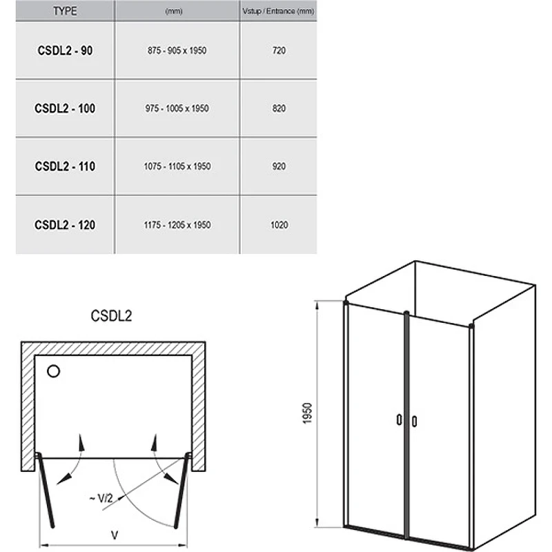 Душевая дверь Ravak Chrome CSDL2-110 0QVDCC0LZ1 профиль Хром стекло Transparent