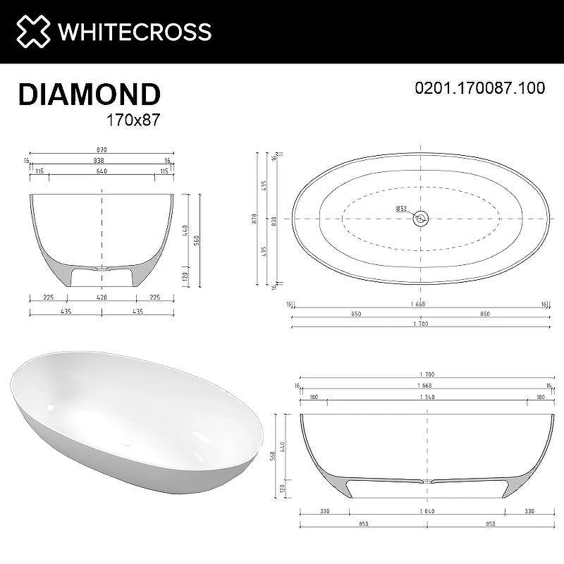 Ванна из искусственного камня Whitecross Diamond 170x87 0201.170087.100 Белая глянцевая без гидромассажа