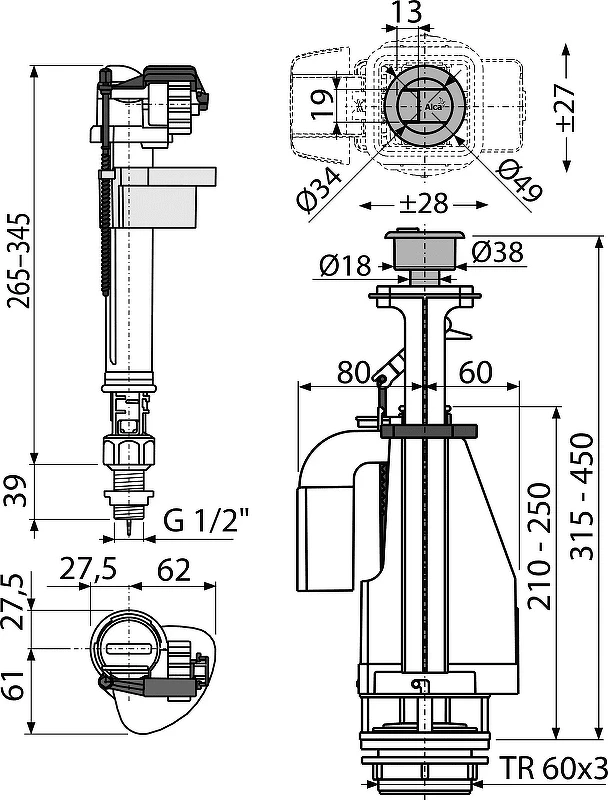 Сливная арматура Alcaplast SA08ASK 1/2" CHROM с нижней подводкой G 1/2 цвет Хром