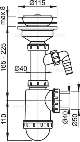 Сифон для кухонной мойки Alcaplast A446P-50/40 Полированная сталь