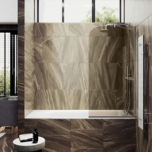 Шторка на ванну Maybah Glass MGV-127-5у 340x1400 в узком профиле Хром матовый стекло бронзовое