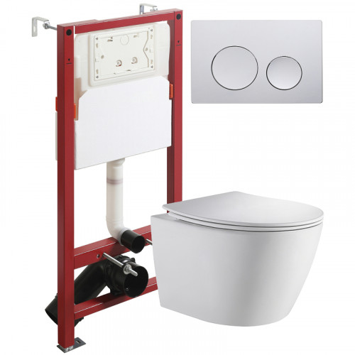 Комплект унитаза с инсталляцией Orange CI07-100W+APB100 с сиденьем Микролифт и клавишей смыва Хром глянцевый фарфор подвесной