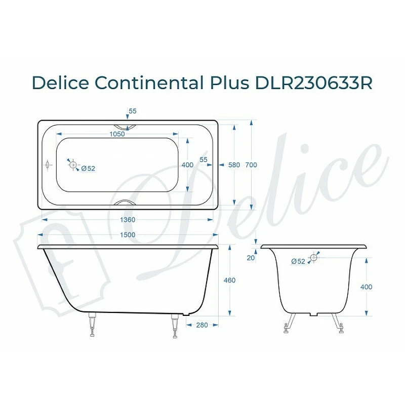 Чугунная ванна Delice Continental Plus 150x70 DLR230633R с отверстиями под ручки без антискользящего покрытия