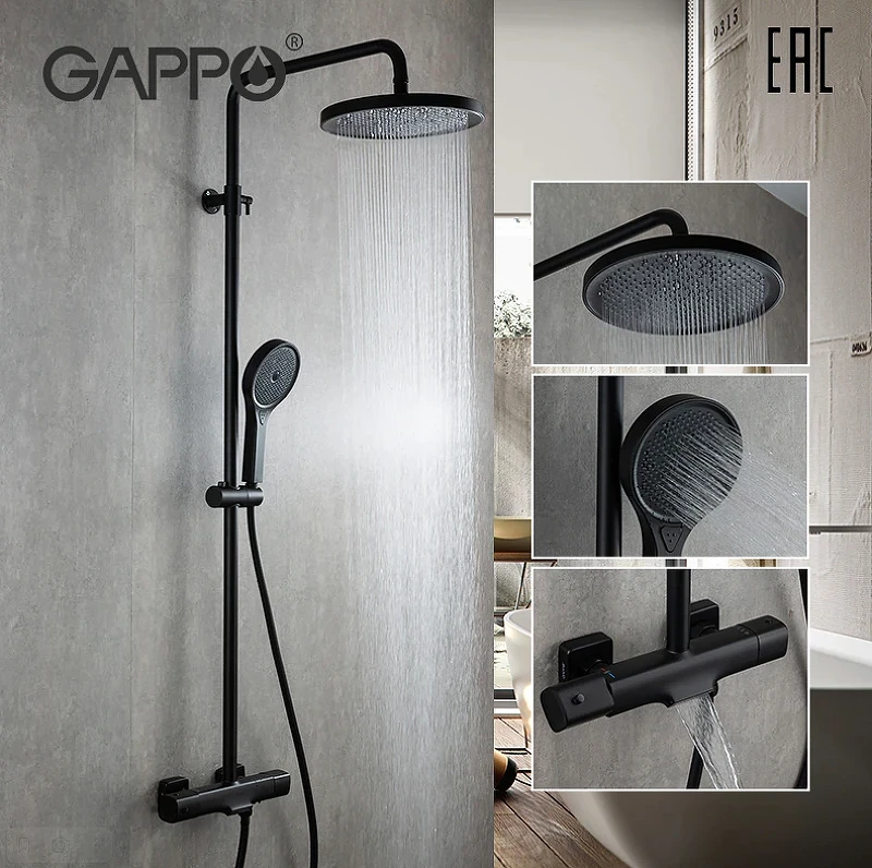 Душевая система Gappo G2495-76 с термостатом Черная матовая латунь на стену