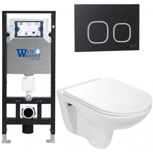 Комплект унитаза с инсталляцией WeltWasser AMBERG 506 + BAARBACH 004 GL-WT + AMBERG RD-BL 10000006767 цвет Белый глянцевый с сиденьем Микролифт и клавишей смыва цвет Черный