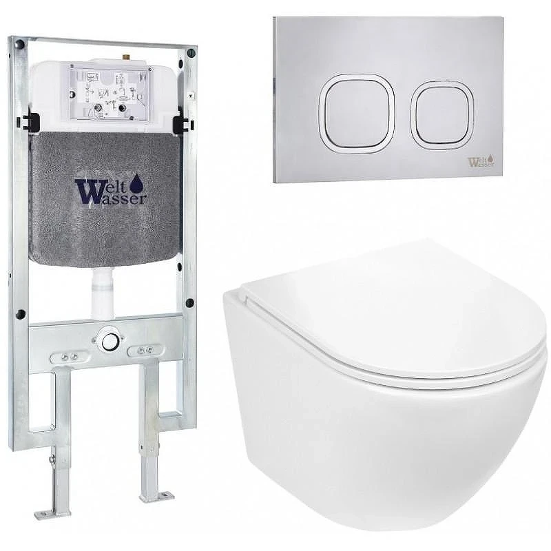Комплект унитаза с инсталляцией WeltWasser AMBERG 497 ST + MERZBACH 043 GL-WT + AMBERG RD-MT CR 10000011294 цвет Белый глянцевый с сиденьем Микролифт и клавишей смыва цвет Хром матовый