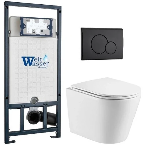 Комплект унитаза с инсталляцией WeltWasser MARBERG 507 + SALZBACH 043 GL-WT + MAR 507 RD MT-BL 10000011516 цвет Белый глянцевый с сиденьем Микролифт и клавишей смыва цвет Черный матовый