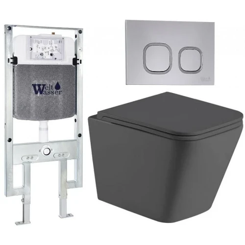 Комплект унитаза с инсталляцией WeltWasser AMBERG 497 ST + GELBACH 043 MT-GR + AMBERG RD-CR 10000012021 цвет Серый матовый с сиденьем Микролифт и клавишей смыва цвет Хром