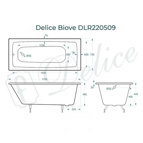 Чугунная ванна Delice Biove 170х75 DLR220509 без отверстий под ручки и антискользящего покрытия, с ножками DLR000001