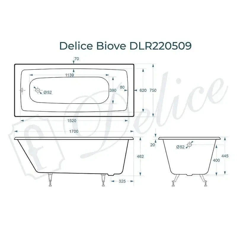 Чугунная ванна Delice Biove 170х75 DLR220509 без отверстий под ручки и антискользящего покрытия, с ножками DLR000001