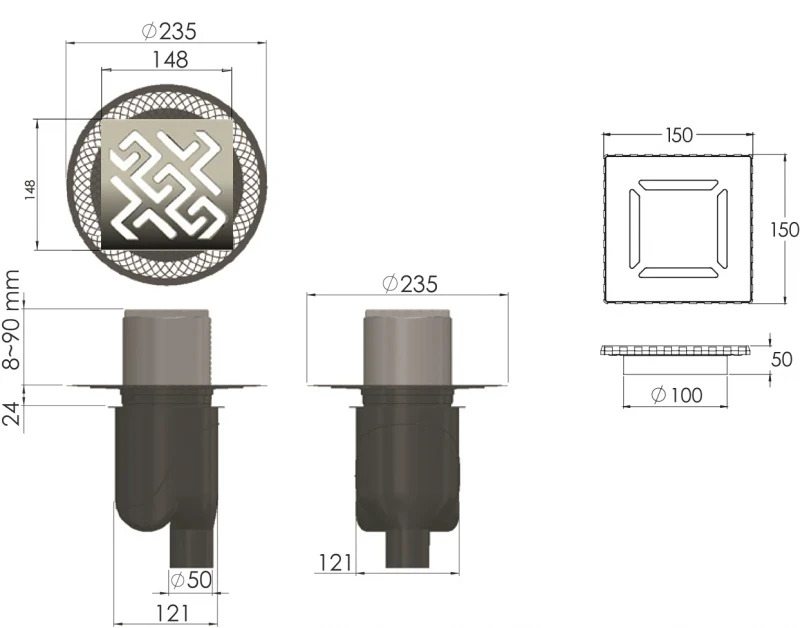 Душевой трап Berges Platz Antik 150x150 091061 с решеткой Хром