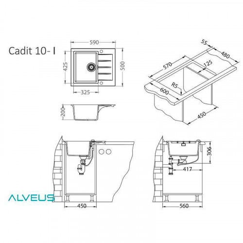 Кухонная мойка Alveus Granital Cadit 10 Arctic G11 590x500 1132017 Белая искусственный камень (литьевой мрамор) встраиваемый