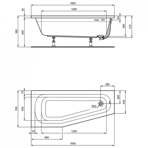 Акриловая ванна Ideal Standard Hotline 160х70 L K276301 цвет Euro White / Евробелый