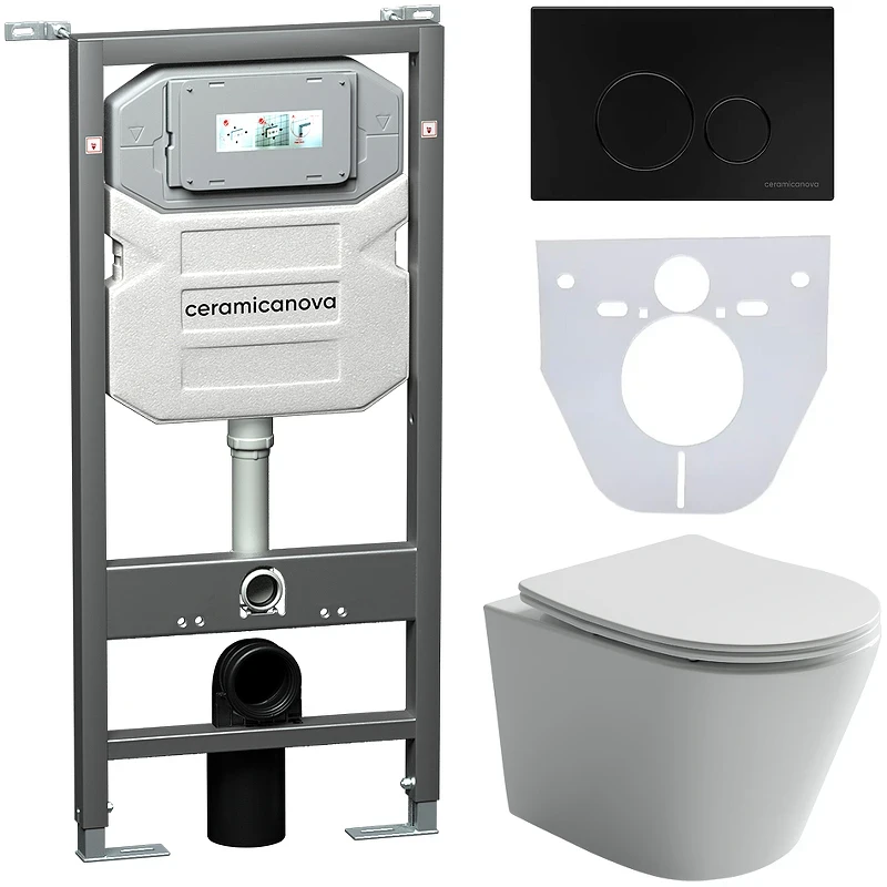 Комплект унитаза с инсталляцией Ceramicanova Balearica CN6000_1001B_1000 с сиденьем Микролифт и Черной матовой клавишей смыва фарфор подвесной