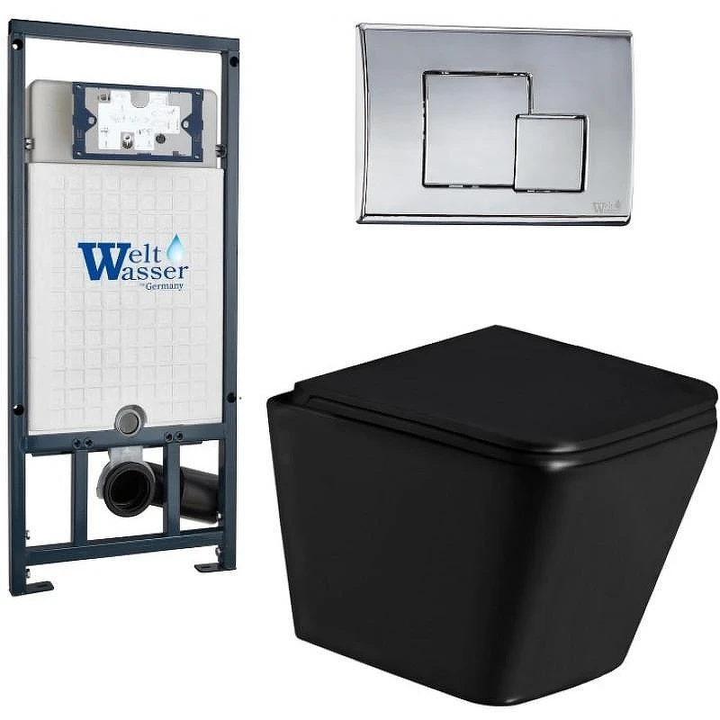 Комплект унитаза с инсталляцией WeltWasser MARBERG 507 + GELBACH 043 GL-BL + MAR 507 SE CR 10000011961 цвет Черный глянцевый с сиденьем Микролифт и клавишей смыва цвет Хром