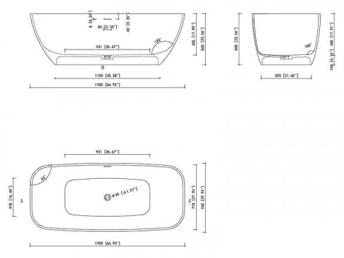 Ванна из искусственного камня Uni-Flow Cono 170x76 FS306-1700 Gloss White цвет Белый глянцевый