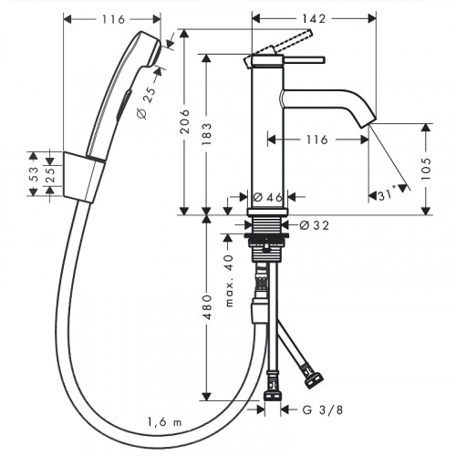 Смеситель для раковины Hansgrohe Tecturis S 73211670 с гигиеническим душем Черный матовый латунь