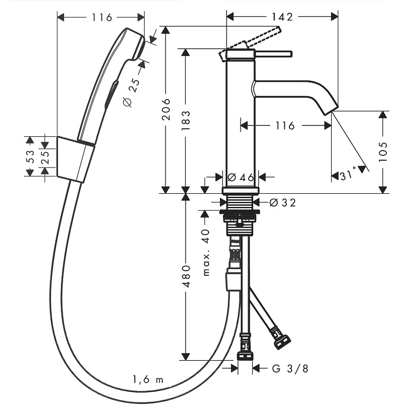 Смеситель для раковины Hansgrohe Tecturis S 73211670 с гигиеническим душем Черный матовый латунь