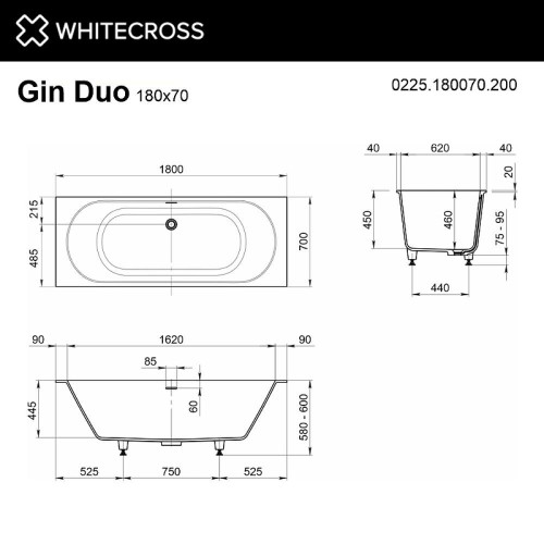 Ванна из искусственного камня Whitecross Gin Duo 180x70 0225.180070.200 цвет Белый матовый