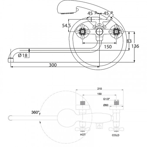 Смеситель для ванны Kaiser Carlson Style 44255 универсальный Хром латунь на стену
