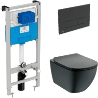Унитаз с инсталляцией Ideal Standard Tesi Aqua Blade T3868V3/121A6 с сиденьем Микролифт и Черной матовой клавишей смыва